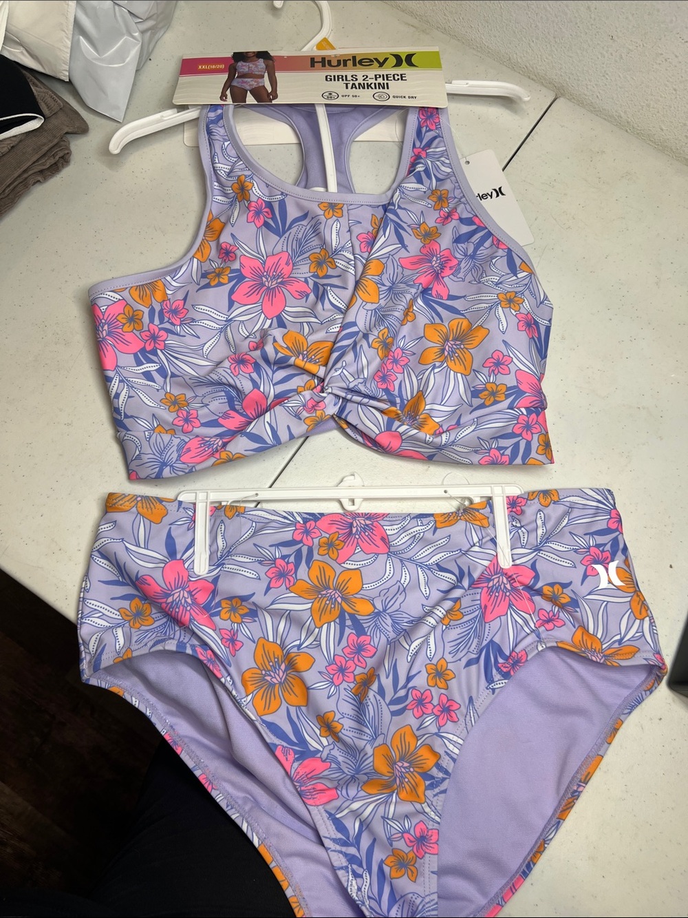 Hurley Girls' Lavender Floral 2-Piece Bikini with Pink & Orange Flowers